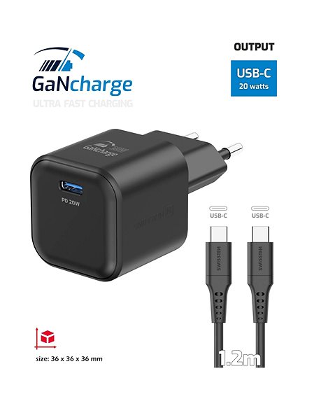 Wall Charger Swissten Power Adapter GaN 1x USB-C 20W Power Delivery + USB-C/USB-C Data Cable 1.2m Black ...