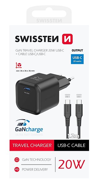 Nabíjačka do siete Swissten sieťový adaptér GaN 1× USB-C 20 W Power Delivery + dátový kábel USB-C/USB-C 1,2 m čierny ...