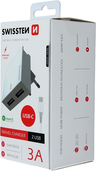 Nabíjačka do siete Swissten sieťová nabíjačka USB-C SMART IC 2× USB 3A biela ...