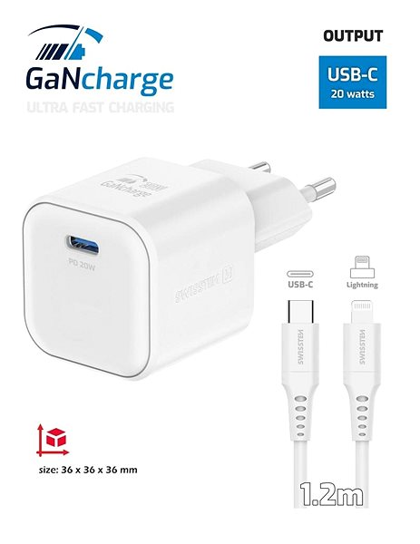 AC Adapter Swissten Power Adapter GaN 1x USB-C 20W Power Delivery + USB-C/Lightning Data Cable 1.2m White ...