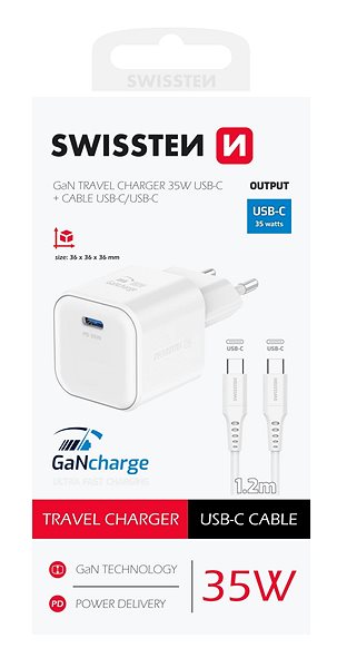 AC Adapter Swissten GaN 1x USB-C 35W Power Delivery + USB-C/USB-C Data Cable 1.2m white ...