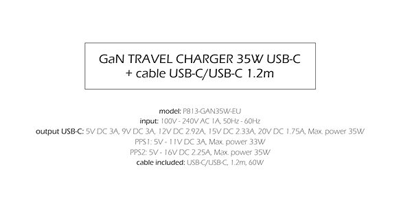 Wall Charger Swissten Power Adapter GaN 1x USB-C 35W Power Delivery + USB-C/USB-C Data Cable 1.2m Black ...