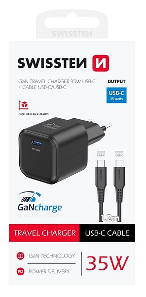 Wall Charger Swissten Power Adapter GaN 1x USB-C 35W Power Delivery + USB-C/USB-C Data Cable 1.2m Black ...