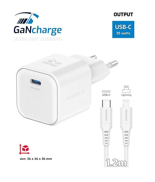 AC Adapter Swissten GaN Network Adapter 1x USB-C 35W Power Delivery + USB-C/Lightning Data Cable 1.2m White ...