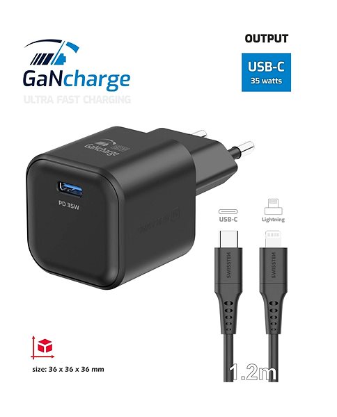 Wall Charger Swissten GaN Network Adapter 1x USB-C 35W Power Delivery + USB-C/Lightning Data Cable 1.2m Black ...