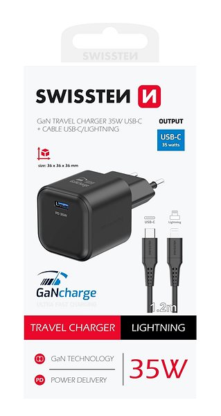 Netzladegerät Swissten Netzwerkadapter GaN 1x USB-C 35W Power Delivery + Datenkabel USB-C/Lightning 1,2m schwarz ...