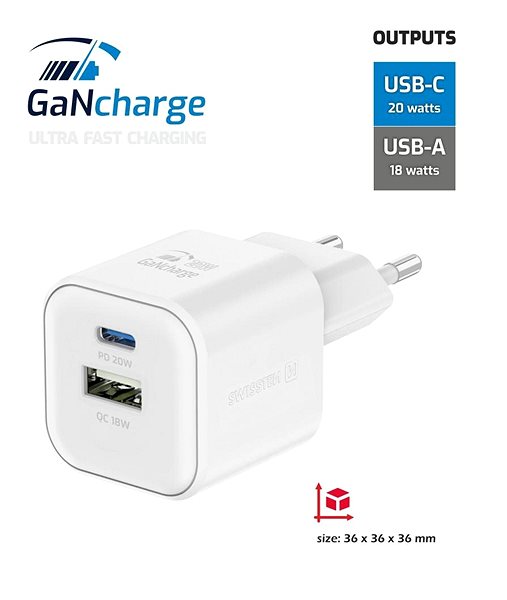 Wall Charger Swissten GaN power adapter 1x USB-C 20W PD + 1x USB-A 18W QC white ...
