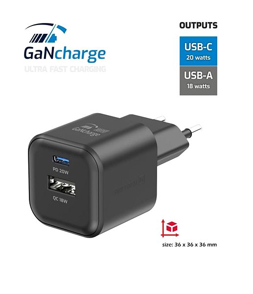 Wall Charger Swissten GaN power adapter 1x USB-C 20W PD + 1x USB-A 18W QC black ...