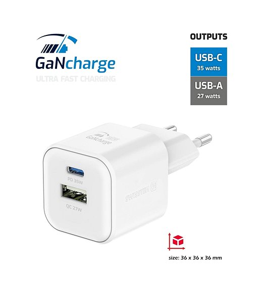 Wall Charger Swissten GaN power adapter 1x USB-C 35W PD + 1x USB-A 27W QC white ...