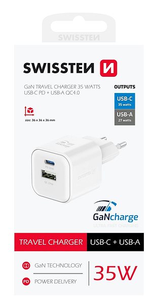 Netzladegerät Swissten Netzwerkadapter GaN 1x USB-C 35W PD + 1x USB-A 27W QC weiß ...