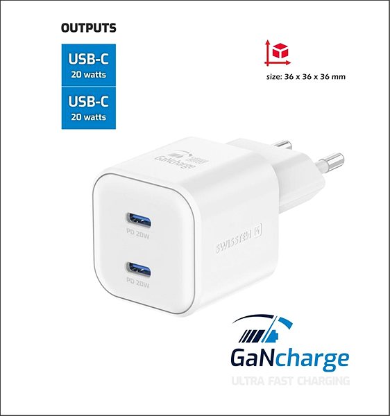 Wall Charger Swissten Power Adapter GaN 2x USB-C 20W Power Delivery White ...