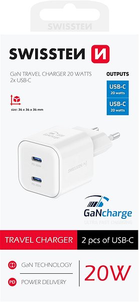 Netzladegerät Swissten Netzwerkadapter GaN 2x USB-C 20W Power Delivery weiß ...
