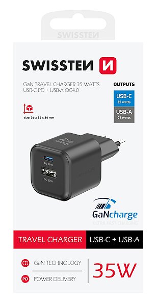 Wall Charger Swissten GaN power adapter 1x USB-C 35W PD + 1x USB-A 27W QC black ...