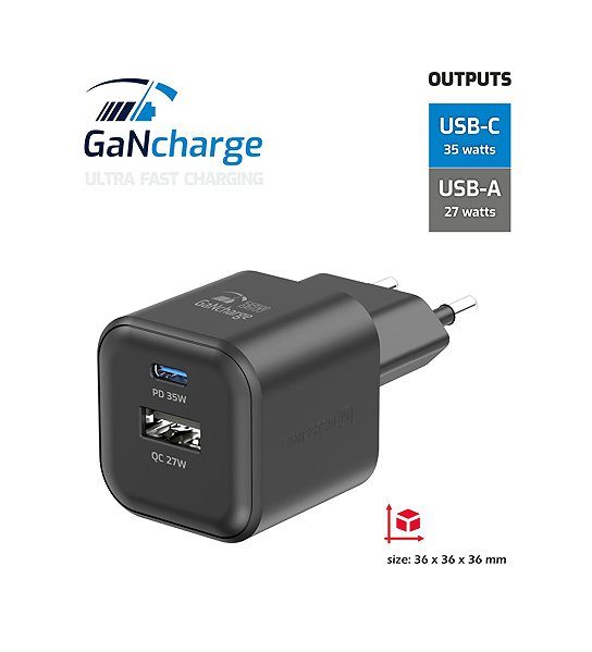 Wall Charger Swissten GaN power adapter 1x USB-C 35W PD + 1x USB-A 27W QC black ...