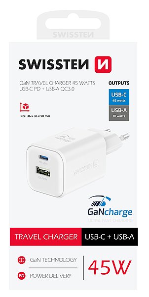 Wall Charger Swissten GaN power adapter 1x USB-C 45W PD + 1x USB-A 18W QC white ...