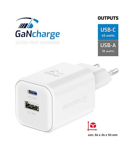 Wall Charger Swissten GaN power adapter 1x USB-C 45W PD + 1x USB-A 18W QC white ...