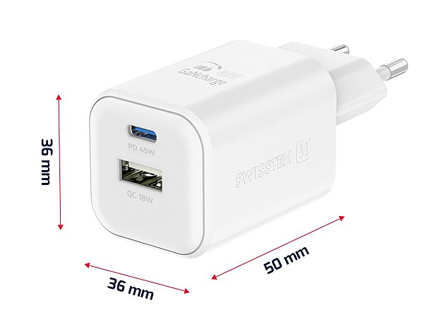 Netzladegerät Swissten GaN Netzgerät 1x USB-C 45 W PD + 1x USB-A 18 W QC weiß ...