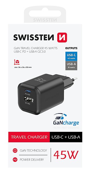 Wall Charger Swissten GaN power adapter 1x USB-C 45W PD + 1x USB-A 18W QC black ...