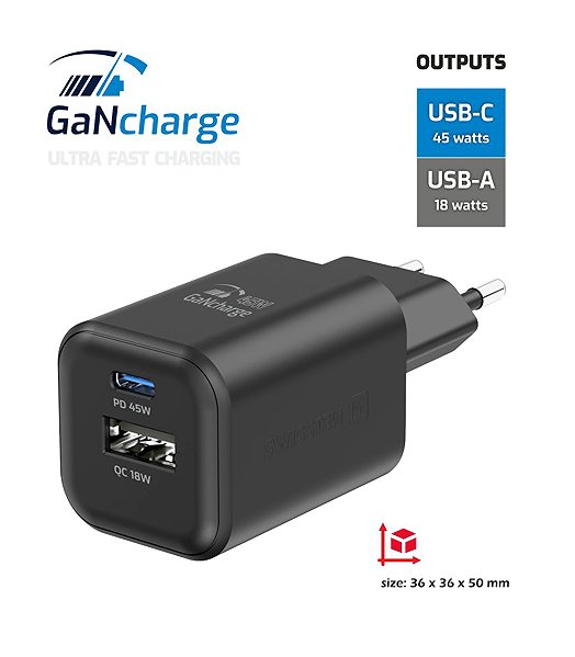 Wall Charger Swissten GaN power adapter 1x USB-C 45W PD + 1x USB-A 18W QC black ...
