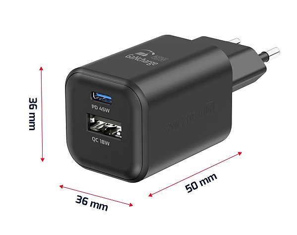 Netzladegerät Swissten GaN Netzgerät 1x USB-C 45 W PD + 1x USB-A 18 W QC schwarz ...