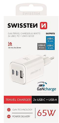 Wall Charger Swissten GaN power adapter 2x USB-C 65W PD + 1x USB-A 18W QC white ...