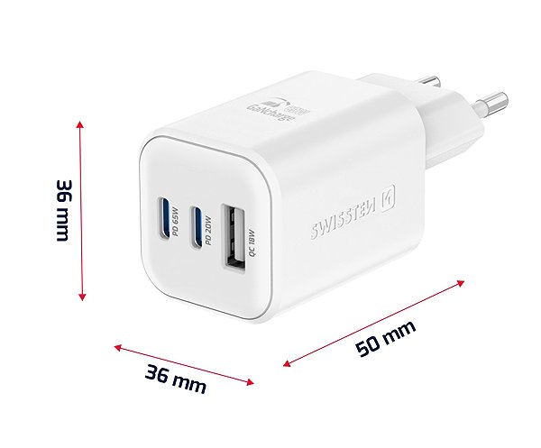 Wall Charger Swissten GaN power adapter 2x USB-C 65W PD + 1x USB-A 18W QC white ...