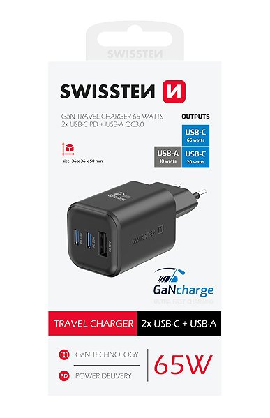 Wall Charger Swissten power adapter GaN 2x USB-C 65W PD + 1x USB-A 18W QC black ...