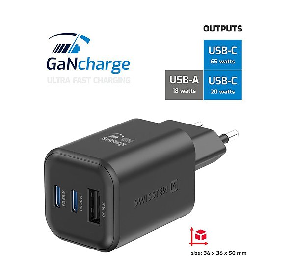 Wall Charger Swissten power adapter GaN 2x USB-C 65W PD + 1x USB-A 18W QC black ...