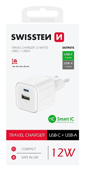 Wall Charger Swissten power adapter 12W 1x USB-C + 1x USB-A white ...
