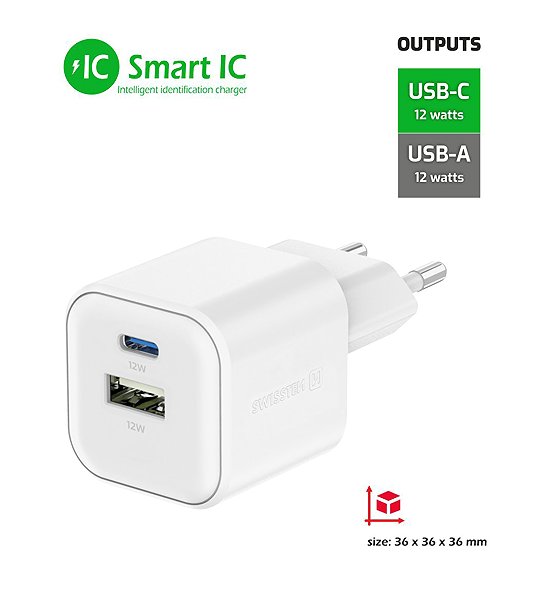 Wall Charger Swissten power adapter 12W 1x USB-C + 1x USB-A white ...