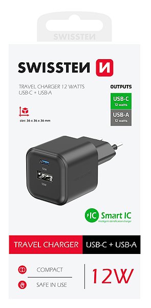 Wall Charger Swissten power adapter 12W 1x USB-C + 1x USB-A black ...