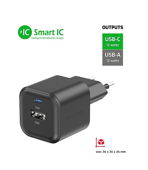Wall Charger Swissten power adapter 12W 1x USB-C + 1x USB-A black ...