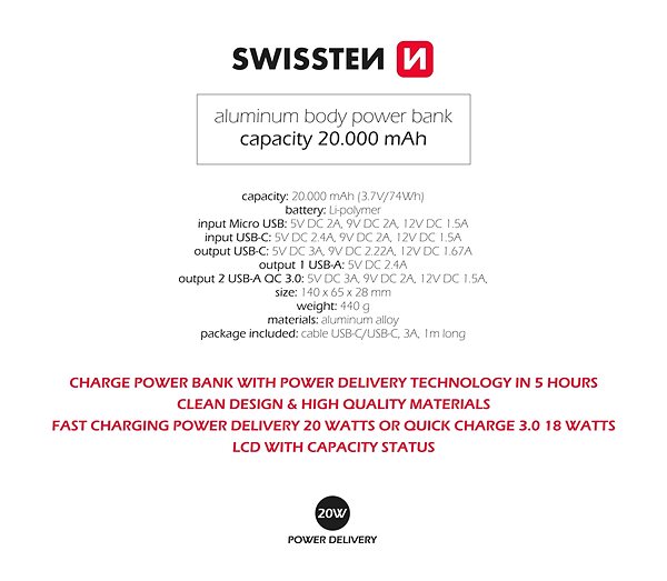 Powerbank Swissten Aluminium Power Bank 20000 mAh 20W Power Delivery Grau ...