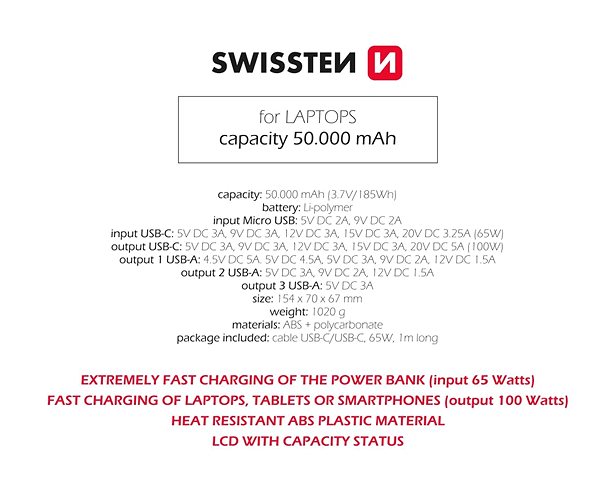 Powerbank Swissten Power Line 50 000 mAh 100 W Power Delivery ...