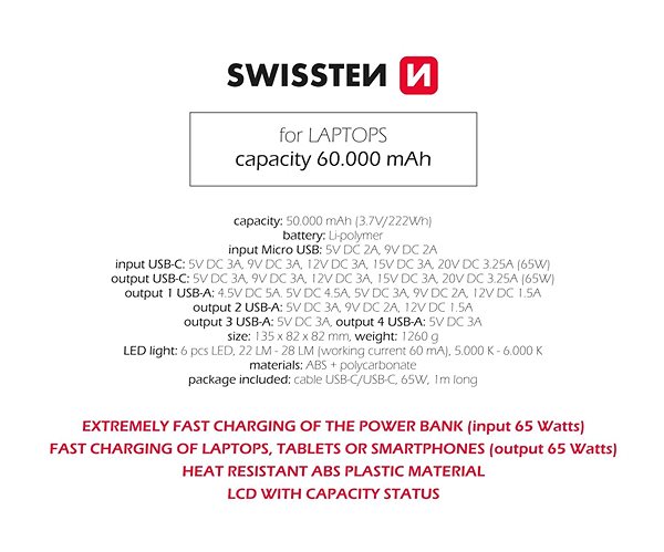 Powerbanka Swissten Power Line 60000 mAh 65W Power Delivery ...