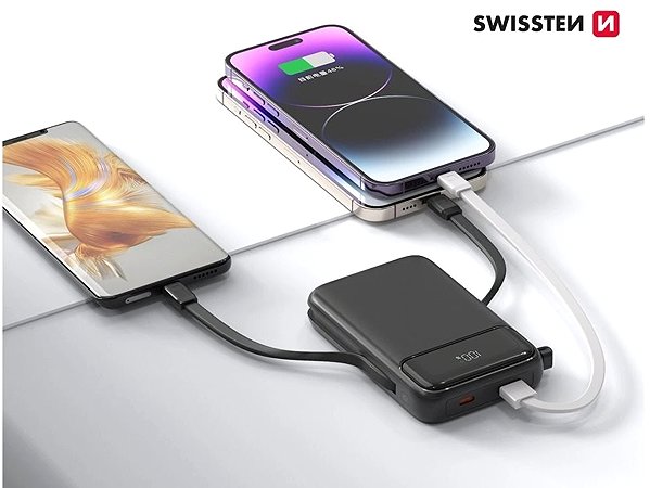 Power Bank Swissten Power Bank 10000 mAh PD 20W with integrated USB-C and Lightning cables, MagSafe ...