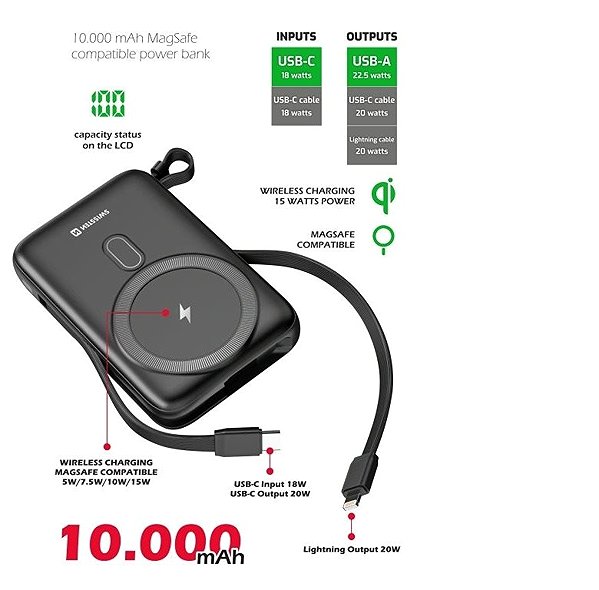 Power Bank Swissten Power Bank 10000 mAh PD 20W with integrated USB-C and Lightning cables, MagSafe ...