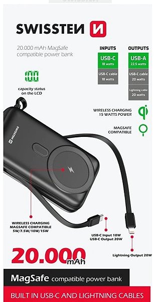 Power Bank Swissten Power Bank 20000 mAh PD 20W with integrated USB-C and Lightning cables, MagSafe ...