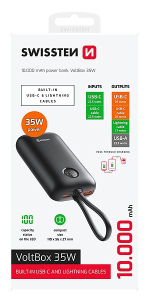 Power Bank Swissten Voltbox 35W 10000 mAh with integrated USB-C and Lightning cables black ...