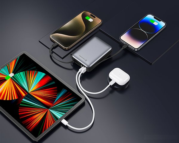 Power Bank Swissten 20000 mAh with integrated USB-C and Lightning cables space silver ...