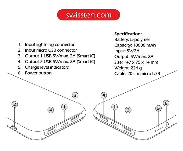Power Bank Swissten iNlight 10000mAh Features/technology