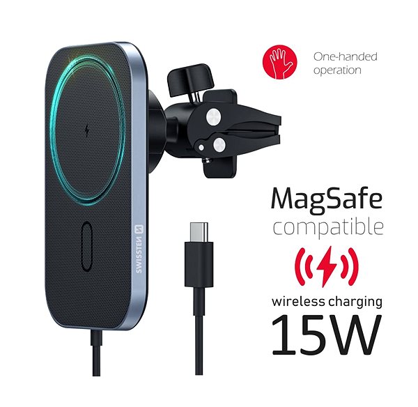 Telefontartó Swissten Mágneses autós tartó vezeték nélküli töltéssel 15 W (MagSafe Compatible) ...