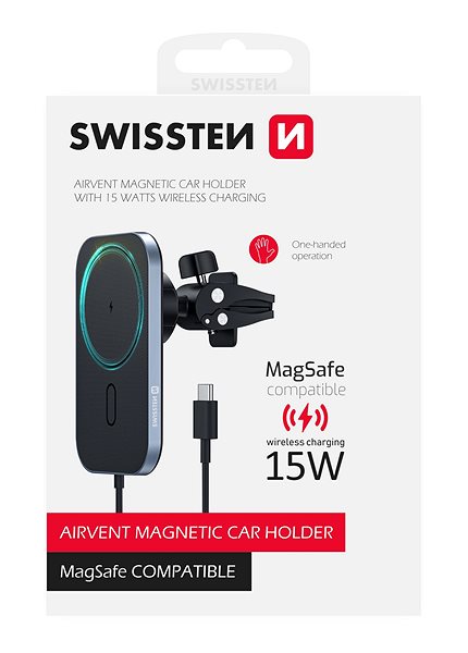 Handyhalterung Swissten Magnetische Autohalterung mit 15W drahtlosem Aufladen (MagSafe kompatibel) ...