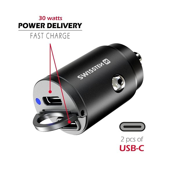 Nabíjačka do auta Swissten CL adaptér Power Delivery 2× USB-C Nano čierna Vlastnosti/technológia