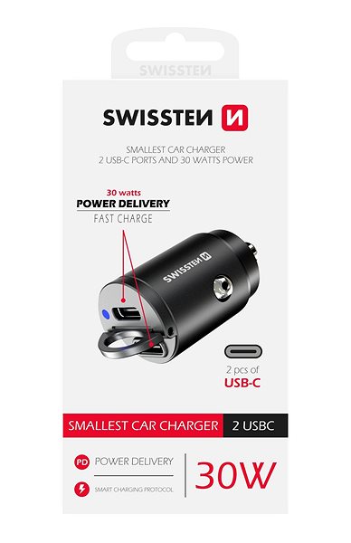 Autós töltő Swissten CL Power Delivery adapter 2x USB-C Nano fekete Csomagolás/doboz