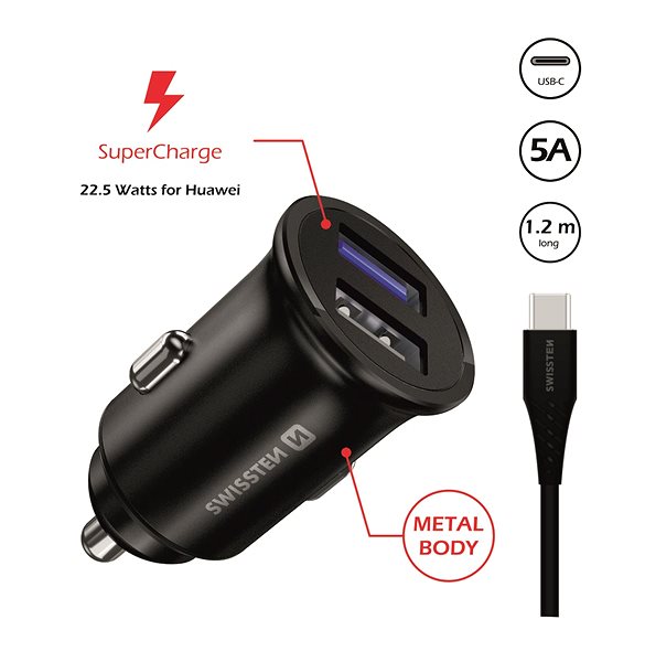 Car Charger Swissten CL Adapter for Huawei Super Charge 22.5W + Huawei Super Charge Cable 5A 1.2m Black Features/technology