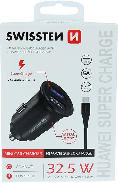 Auto-Ladegerät Swissten CL Adapter für Huawei Super Charge 22,5 W + Huawei Super Charge Kabel 5A 1,2 m schwarz ...