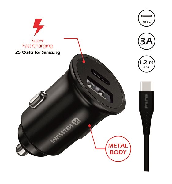 Car Charger Swissten CL Adapter for Samsung Super Fast Charging 25W + Cable USB-C/USB-C 1.2m Black Features/technology