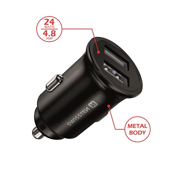 Autós töltő Swissten CL adapter 2x USB 4.8A metal fekete Jellemzők/technológia