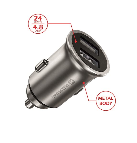 Autós töltő Swissten CL adapter 2x USB 4.8A metal ezüst Jellemzők/technológia